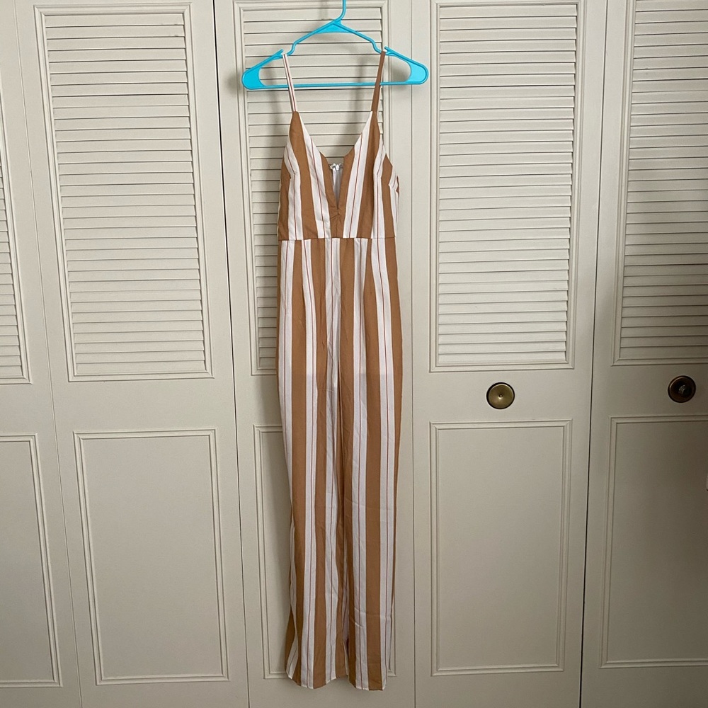 privy Tan and White Striped Jumpsuit from Forever 21
